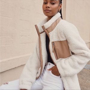 Abercrombie & Fitch Ivory Faux Leather-Trim Sherpa Fleece Jacket